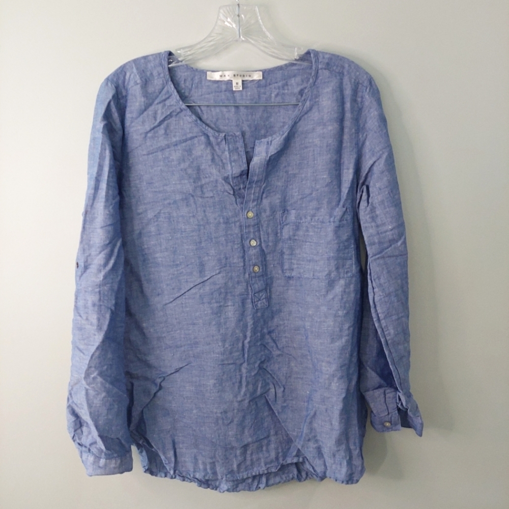 Max Studio blouse medium blue linen cotton half button long roll tab sleeves